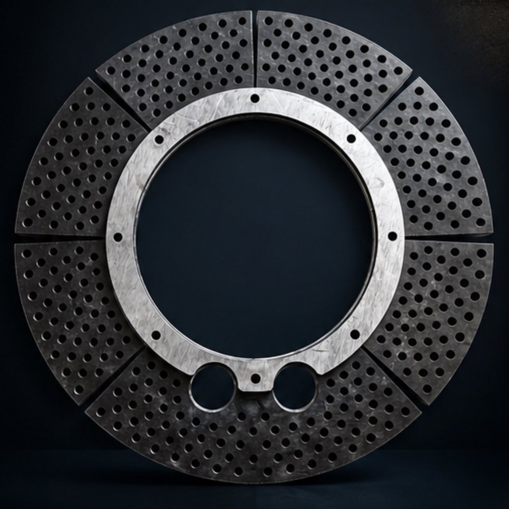 EAD disc: eight perforated segments under a split hub ring, with two pass-through ports